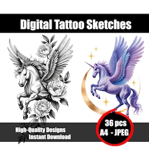 Pegasus Tattoo Sketch #2 – Fantasy Winged Horse Line Art Design, Mythical Creature Blackwork Flash, Elegant Tattoo, Instant Download