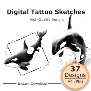May include: Digital tattoo sketches featuring two black and white orca illustrations. One orca is framed by a square, while the other appears to be jumping. Text includes Digital Tattoo Sketches, High-Quality Designs, 37 Designs, A4 JPEG, and Instant Download.