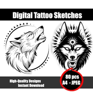Fenrir Tattoo Sketches – Norse Myth Wolf Tattoo Design, Viking Line Art Flash, Ragnarok Beast, Printable Blackwork Digital Download