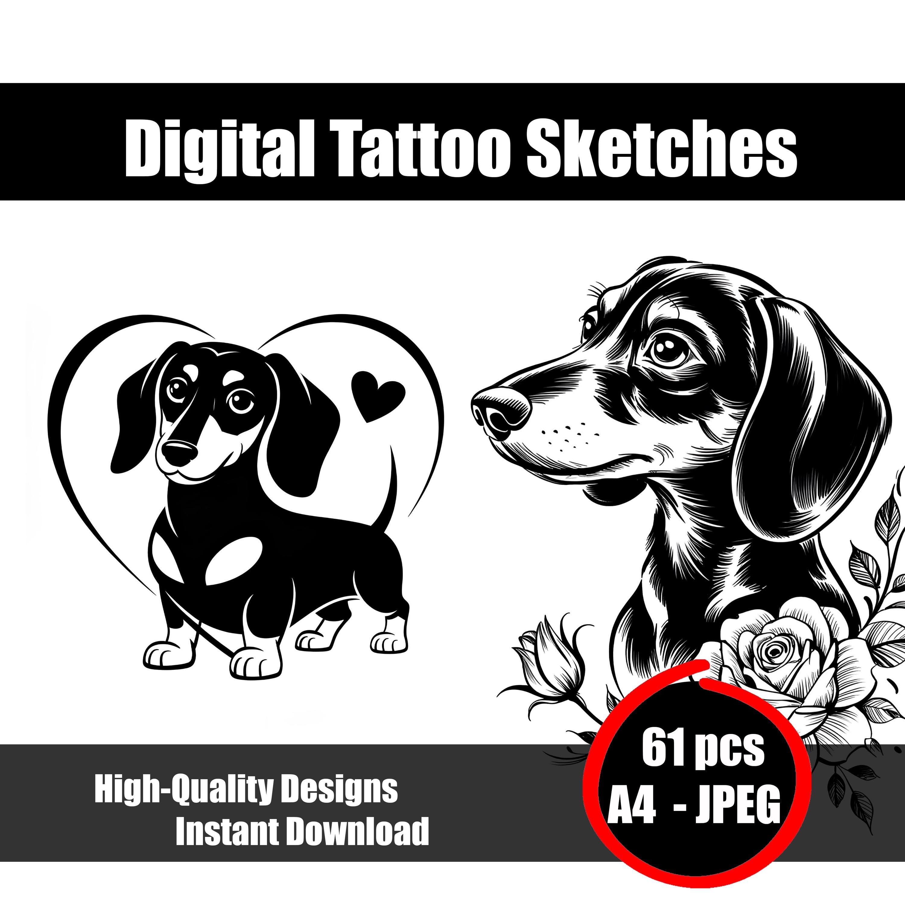 ダックスフントのタトゥースケッチ - かわいいミニマリストの犬の線画