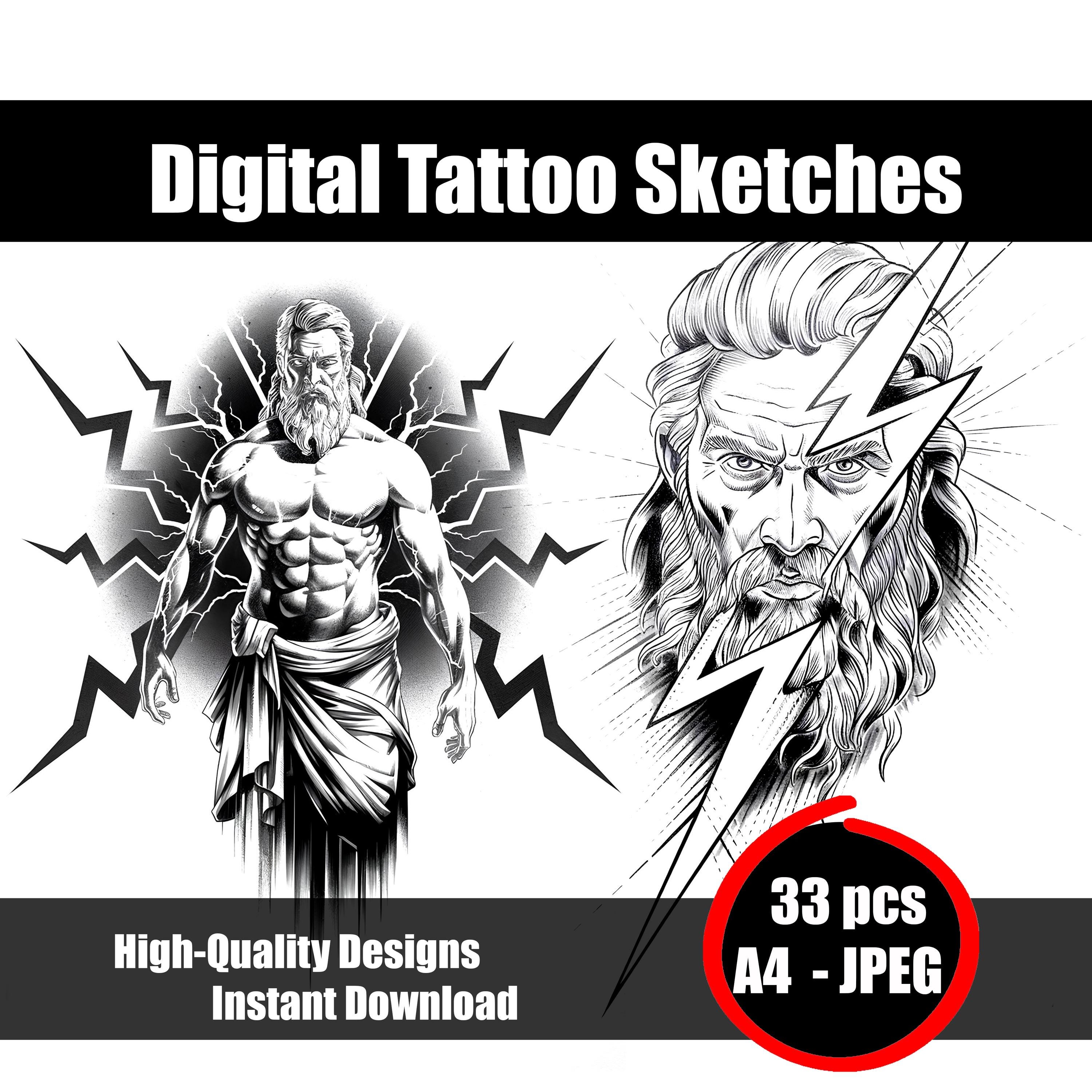 ゼウスのタトゥースケッチ – ギリシャ神話の雷神の力強いデザイン