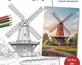 Windmill Coloring Page - Dutch Landscape Printable Art, Farm and Nature Line Drawing, Relaxing Coloring Sheet for Kids & Adults