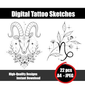 Capricorn Zodiac Sign Tattoo Sketch | Goat Symbol Line Art | Astrological Tattoo Flash | Minimalist Capricorn Tattoo Design