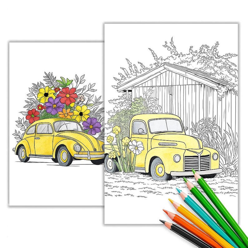 Car With Flowers Coloring Page | Vintage Vehicle & Floral Printable Art ...