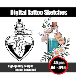 Potion Tattoo Sketch | Magical Potion Bottle Tattoo Design | Witchcraft Ink Art | Fantasy Line Drawing | Instant Download Tattoo Flash