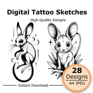 May include: Digital tattoo sketches featuring two black and white illustrations of a mouse with large ears, surrounded by stars and crescent moons. The text reads Digital Tattoo Sketches, High-Quality Designs, 28 Designs, A4 JPEG, Instant Download.