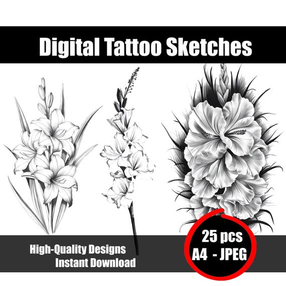 グラジオラスのタトゥースケッチ – エレガントな花のタトゥーデザイン