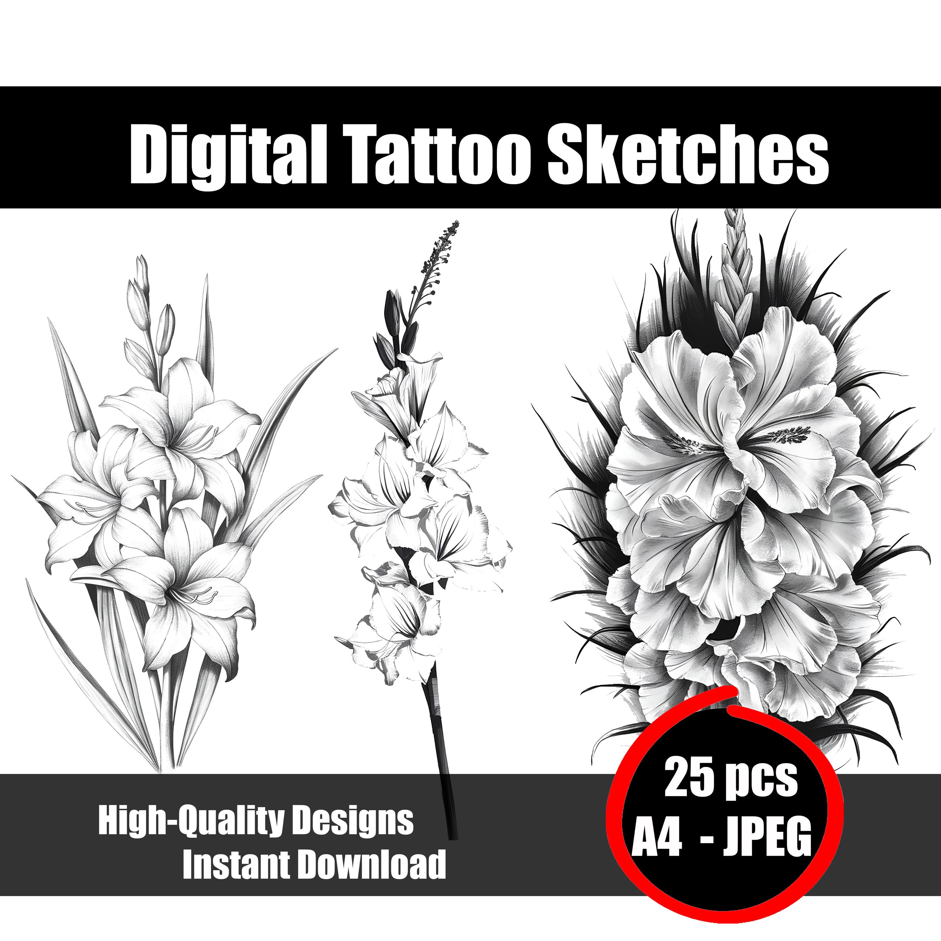 グラジオラスのタトゥースケッチ – エレガントな花のタトゥーデザイン