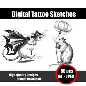 Schizzo di tatuaggio di un ratto - Disegno di tatuaggio di un roditore - Disegno flash unico di un ratto domestico - Arte minimalista a inchiostro di animali - Stampa con download immediato