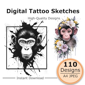 Könnte beinhalten: Digital Tattoo Sketches High-Quality Designs 110 Designs A4 JPEG Instant Download. Ein schwarz-weißes Schimpansen-Porträt im Tintenstil in einem quadratischen Rahmen mit Farbspritzern, neben einer farbigen Schimpansen-Illustration mit Blumenakzenten.