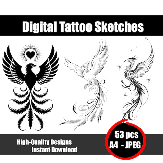 ミニマリストフェニックスタトゥースケッチセット | 神話上の鳥