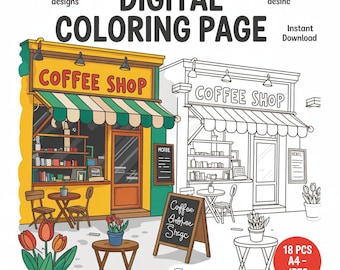 Coffee Shop Coloring Page – Cozy Café Printable for Kids & Adults, Coffee Cups, Barista Scene, Relaxing DIY Art Coloring Sheet