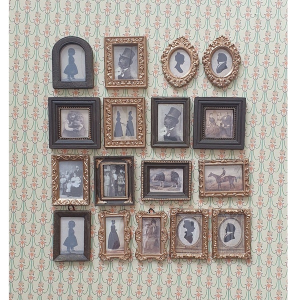 12 oder 24 Puppenhaus Miniatur Vintage Silhouetten, Fotos Familienporträts. Kuriositäten Motive. Steampunk.