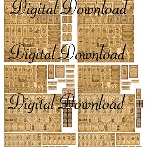 May include: A collection of vintage-style apothecary labels featuring botanical illustrations and text on a tan background. The labels are arranged in a grid pattern, showcasing various herbs, plants, and medicinal bottle designs with ornate borders.