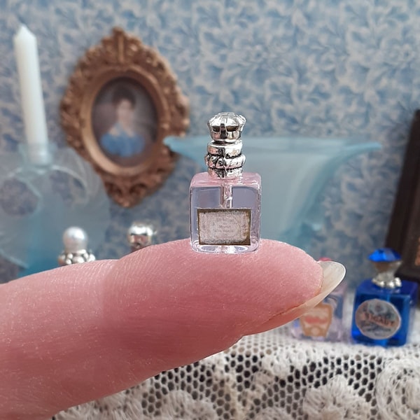 Stunning Unique Vintage Boudoir Styled Square Perfume Bottle with Label for Dolls House 1:12. Handmade, Pretty, Bedroom, Dressing Table