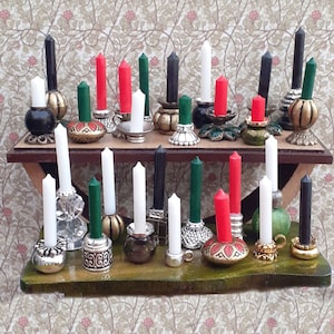 Dolls House Miniature Candlestick with Candle. Many Different Styles. 1/12 Scale.  Black or White Candles. Victorian, Medieval, Vintage.