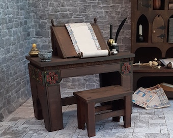 Dolls House Medieval Tudor Writing Desk & Stool. 12th Scale Wood Kit or Made-up. Scriptorium, Monk, Castle, Apothecary, Scroll, Alchemist.