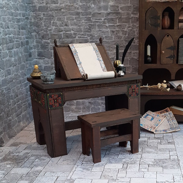 Dolls House Medieval Tudor Writing Desk & Stool. 12th Scale Wood Kit or Made-up. Scriptorium, Monk, Castle, Apothecary, Scroll, Alchemist.