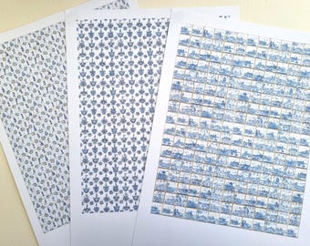 Dollhouse Delft Wallpaper, Blue Patterned Tiles. Delft Boats, People, Coats of Arms, Windmills. 12th Scale. Heavyweight Paper Print 160g