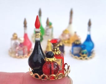 Dollhouse Vintage Perfume Bottles with Labels, on Pretty Trays. Bath Oil, Dressing Table, for 12th Scale. Choices of sets of 2 or 3 Bottles.