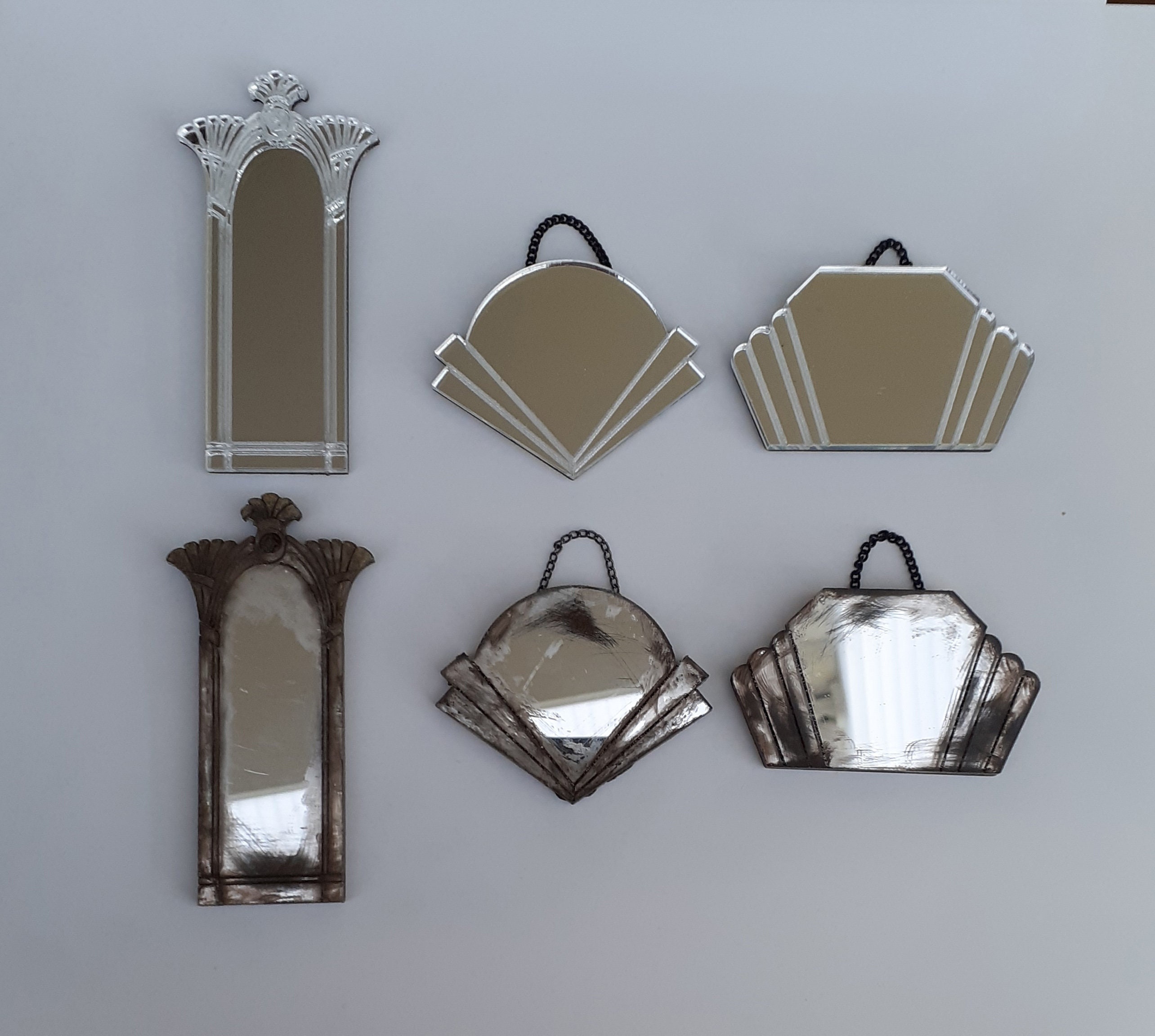 Dolls House Art Deco Style Mirrors, 5 Different Styles, Wooden Backs with Chain or Hanger 12th or 24th Scale. Brand New or Aged Vintage Look