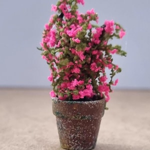 Pode incluir: Uma planta em miniatura em vaso com flores rosa vibrantes e folhagem verde. A planta est&aacute; num pequeno vaso castanho texturizado, criando um charme decorativo. A planta &eacute; uma vers&atilde;o em miniatura de uma buganv&iacute;lia.