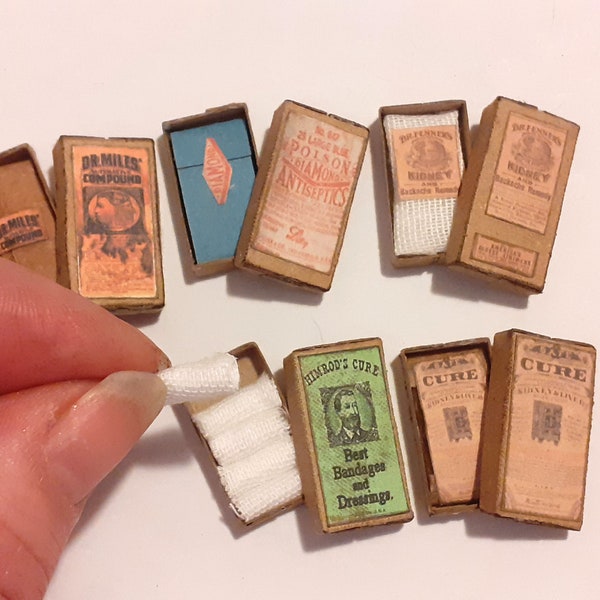 Miniature Dolls House Medicine Packs Apothecary Pharmacy Vintage Labelled Boxes with Contents. 12th Scale. Choice of 5 different Styles.