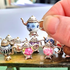 Dolls House Bead Teapots & Tea Caddies 12th Scale, Silver Plated Handle, Spout, Legs. Pinks, Blues, Purple Flowers + Fancy or Aged Metallic.