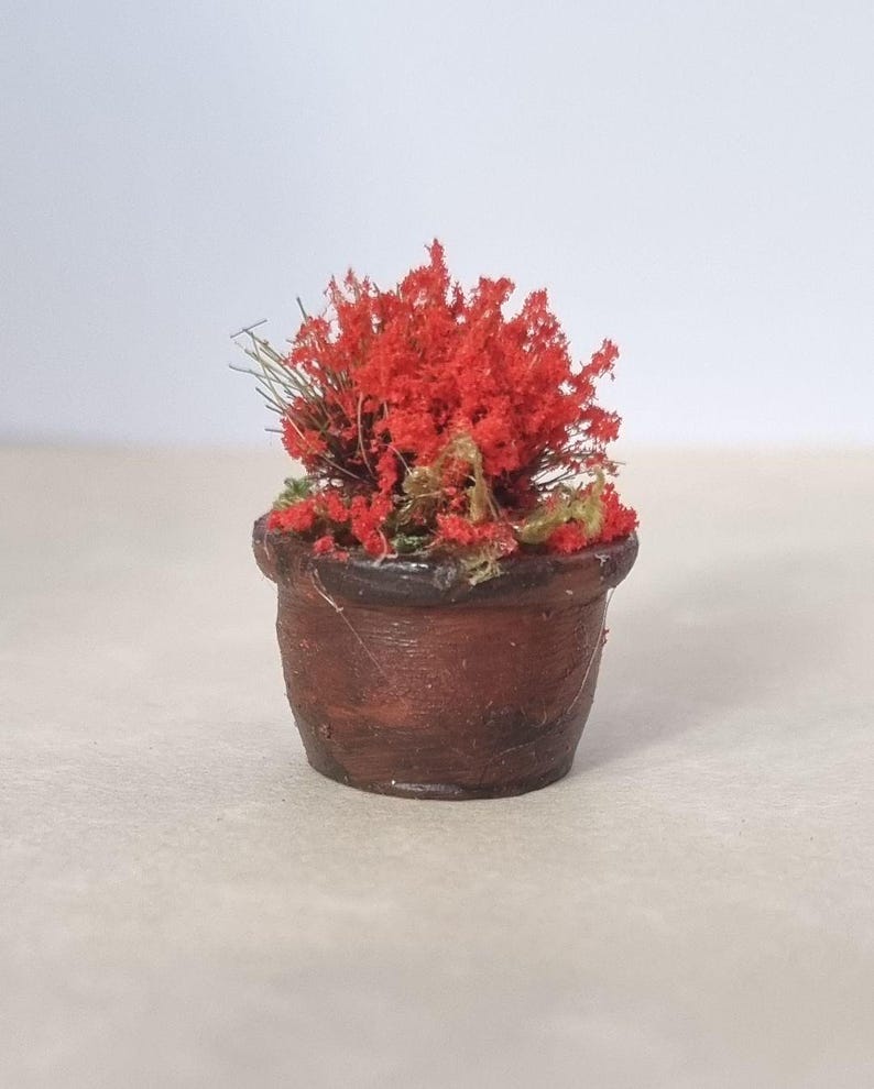 Miniaturas de flores para casa de bonecas em vasos. Escala 1/12 e 1/24. Vasos de cerâmica ou barro com aparência envelhecida e realista. Flores, botões, samambaias, rosas. imagem 20