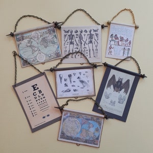 Puppenhaus Wandbehang Vintage Weltkarte, Lehrmittel-Klassenzimmer Kuriositäten, Sehtest, Vogelskelett, ägyptische Schrift. 1:12 Maßstab