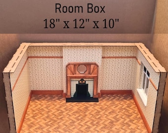 Room Box, 12th Scale Art Deco Style with Iconic Fireplace, Coloured Window, Skirting, Picture Rail. Double-Walled Sides. Kit or Made-up.