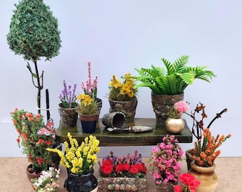 Dollhouse Miniature Flowers in Plants Pots. 12th & 24th Scale. Realistic Aged Pottery or Ceramic Pots. Blossoms, Blooms, Ferns, Buds, Roses.