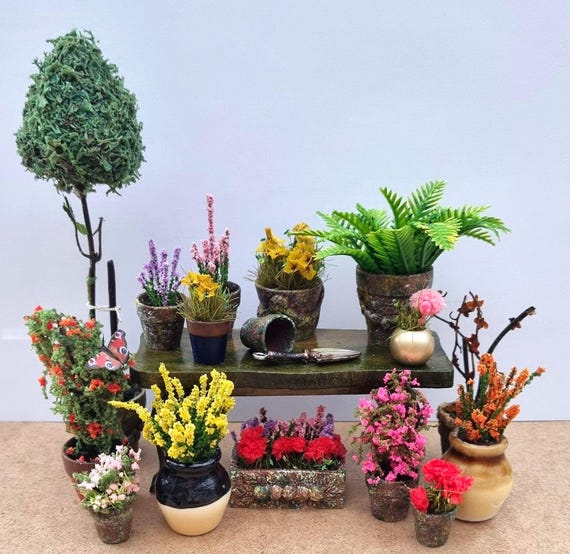 Dollhouse Miniature Flowers in Plants Pots. 12th & 24th Scale. Realistic Aged Pottery or Ceramic Pots. Blossoms, Blooms, Ferns, Buds, Roses.