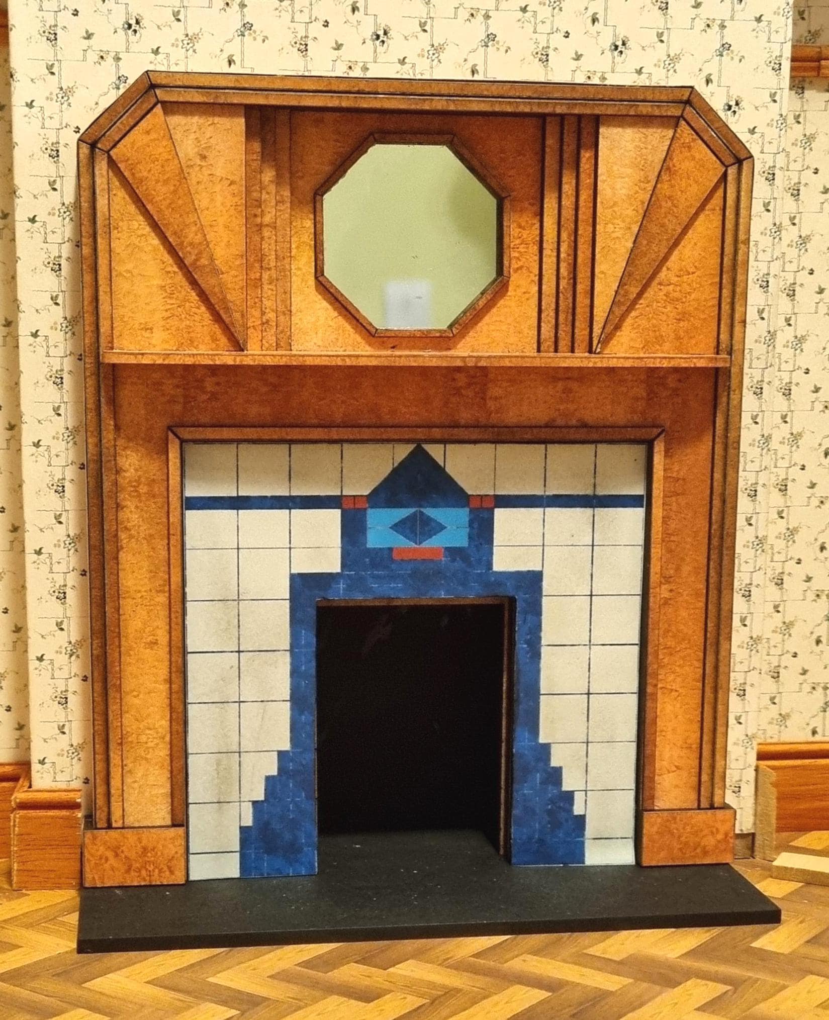 Dollhouse Art Deco Fireplace With Mantle & Mirror. 12th Scale
