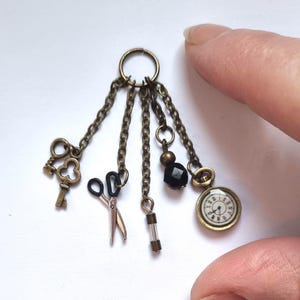 Elegant Dollhouse Miniature Chatelaine Set  with Keys, Bottle, Scissors, Needle-case  - Victorian Steampunk Style. 12th Scale