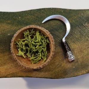 May include: A miniature wooden bowl filled with green moss and a silver miniature sickle on a wooden surface.