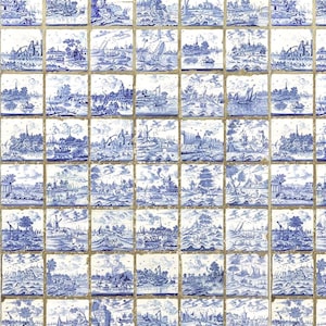 May include: A grid of square ceramic tiles featuring blue and white illustrations of maritime landscapes, windmills, sailing ships, and coastal villages. Each tile displays a unique, detailed scene with intricate line work and shading.