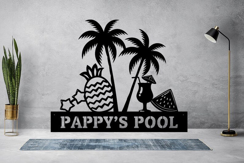 Pool Palm Tree Metal Sign Custom Beach House Metal Wall Art Etsy