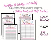 Monthly, Bi-Weekly, Weekly Budget Sheets, Track Paycheck Sheets, Flowers, Pretty Paycheck Trackers, Debt Tracker, Sinking Fund Tracker, PDF