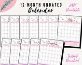 12 Month Undated Calendar, Flower Calendar, Pretty Calendar, Undated Calendar, Track Expenses, Monthly Calendar, Instant Download, PDF