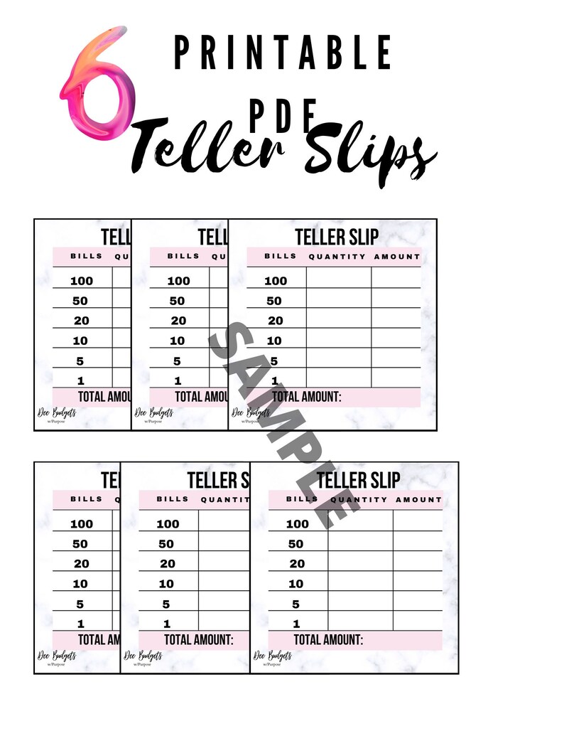 6 Pink Teller Slips, PDF Printable, Instant Download, Digital Download ...