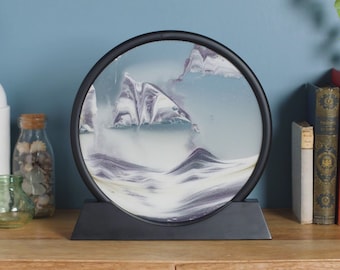 7 Inch Blue Black White Glass Framed Moving Sand Landscape Picture Desk Decor 