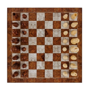 May include: A wooden chessboard with brown and white squares. The board is set up with chess pieces in the starting position. The pieces are made of wood and are painted in black and white. The board is numbered 1 through 8 on each side.