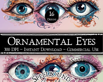 Ornamental Eyes Digital Clipart, Commercial Use, Instant Download, Eye Clip Art, PNG, Abstract Eyes, Watercolor Eyes