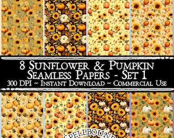 Papeles digitales de girasol y calabaza, sin costuras, uso comercial, descarga instantánea, imágenes prediseñadas de otoño, imágenes prediseñadas de Halloween