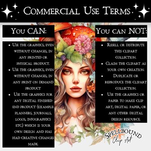 May include: A digital illustration of a woman with long brown hair wearing a crown of flowers and mushrooms. The text "COMMERCIAL USE TERMS" is at the top of the image. The text "YOU CAN" and "YOU CAN NOT" is on the left and right sides of the image, respectively. The text lists the terms of use for the image.