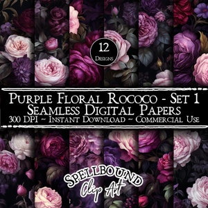 Lila florale Rokoko nahtlose digitale Papiere, kommerzielle Nutzung, Sofortiger Download, Valentinstag, Gothic Clipart, Barock Blumen, Hintergrund