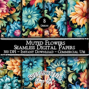 Muted Flowers Seamless Digital Papers, Commercial Use, Instant Download, Flower Clipart, Floral Texture