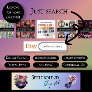 May include: A digital illustration of a cauldron with a purple and blue galaxy design, surrounded by mushrooms and flowers. The text "SPELLBOUND Clip Art" is below the image. The image is a digital download for commercial use.