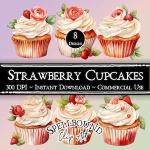 Strawberry Cupcakes Digital Clipart, Commercial Use, Instant Download, Food Clip Art, Cake Clipart, Birthday Party Clipart, PNG